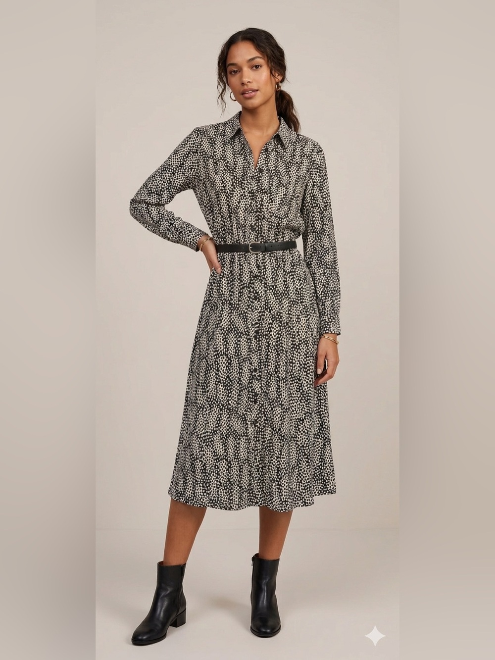 Who What Wear Black and White Polka Dot Long Sleeve Midi Dress